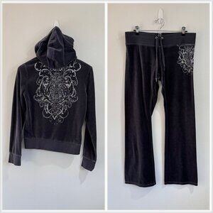 Vintage Y2K Express Tracksuit M Velour Hoodie Pants Gray Sequins Embroidered